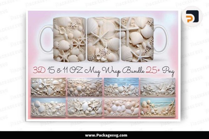 3D Seashells Beach Bundle, 25+ PNG 11oz 15oz Mug Wrap LLKP946F