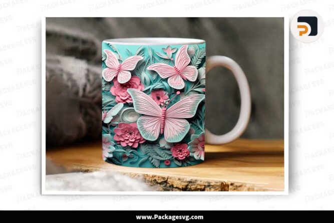 3D Teal and Pink Butterfly Sublimation PNG, 11oz 15oz Mug Wrap LLKMU2LL