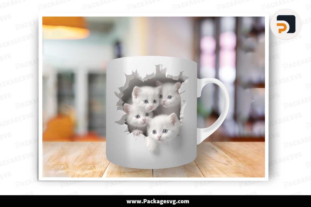 3D White Kittens Hole in Wall PNG, 11oz 15oz Mug Wrap LLVNIRDK