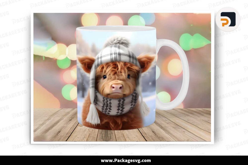 3D Winter Highland Cow Sublimation PNG, 11oz 15oz Mug Wrap LLM41M5H