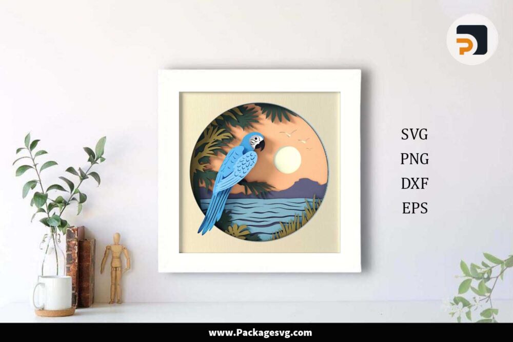 Blue Parrot Shadow Box SVG, 3D Layered Paper Cut LLYTKRMO