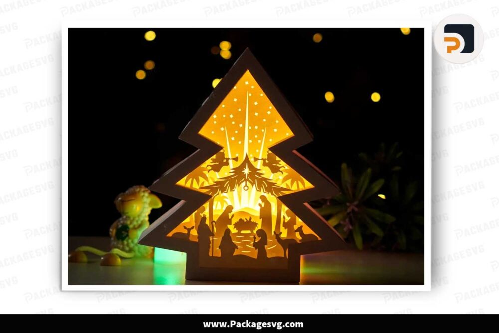 Christmas Nativity Tree Lantern, SVG Papercut Light Box LLD3KU99