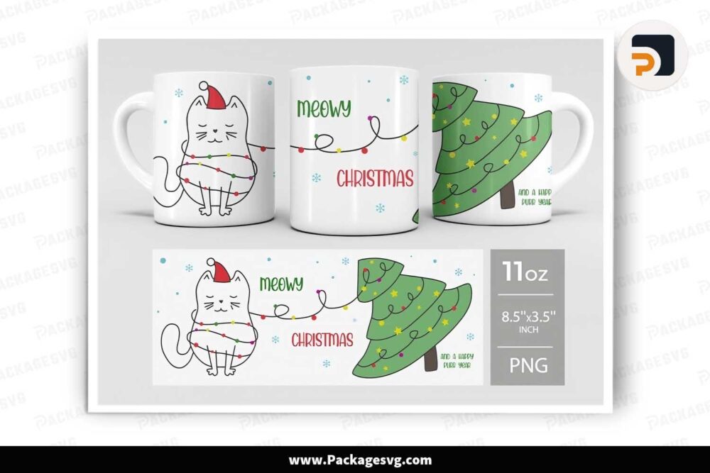 Christmas Tree And Cat Sublimation PNG, 11oz Mug Wrap LLD638VU