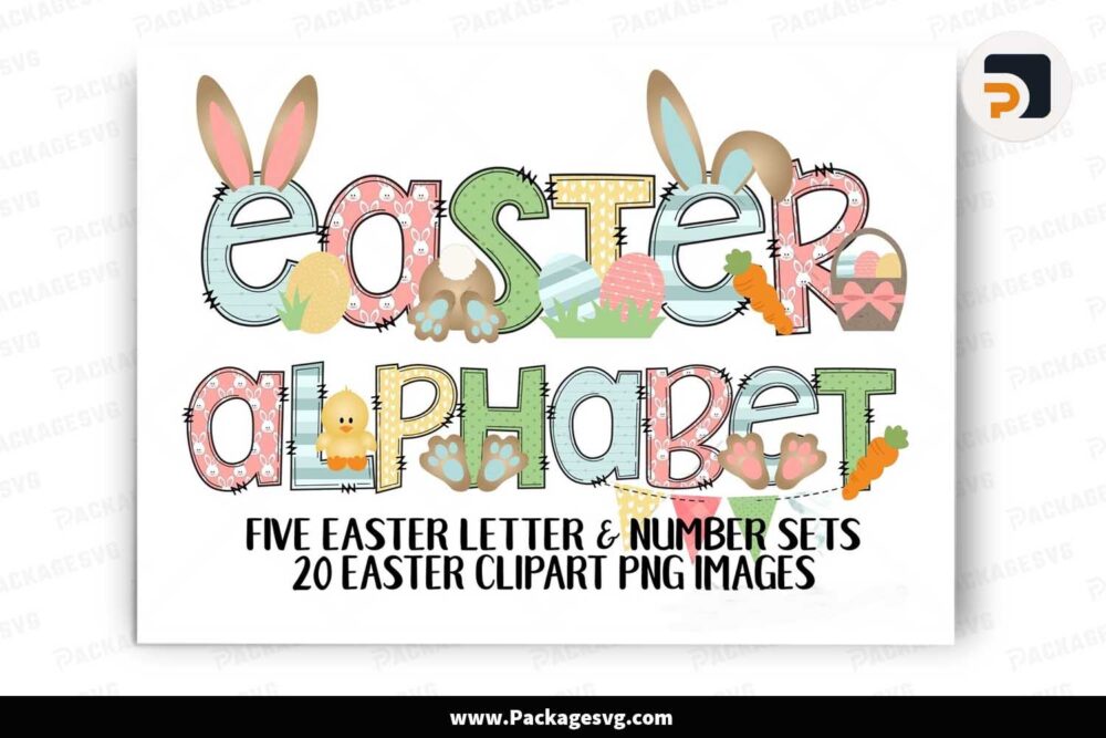 Easter Doodle Alphabet Bundle, Easter Cliparts PNG Letters LLYH9N00