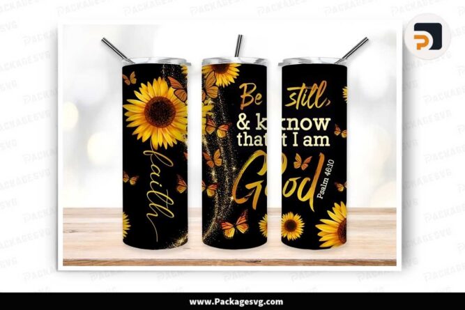 Faith Sunflower Butterfly Sublimation PNG, 20oz Skinny Tumbler Wrap LLLQX7JI