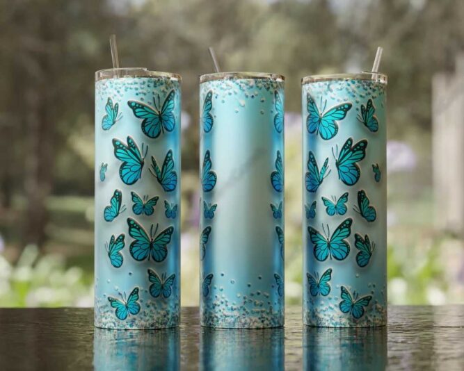 Blue Butterflies Sublimation Tumbler, 20oz Tumbler Wrap PNG LN493YA4