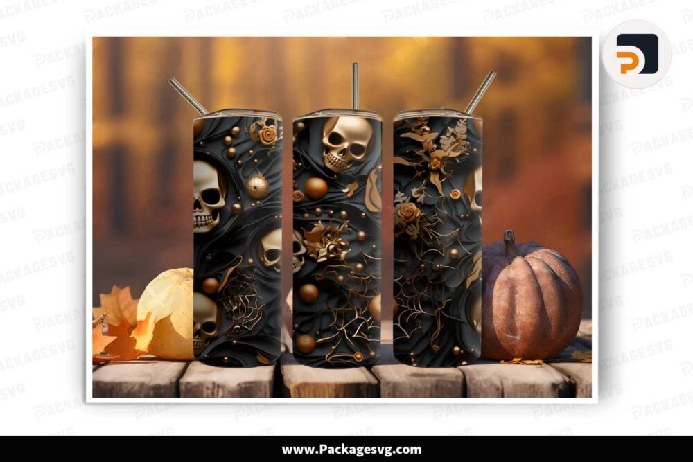 3D Black Halloween Gold Skull PNG, 20oz Tumbler Wrap LM72HUPK