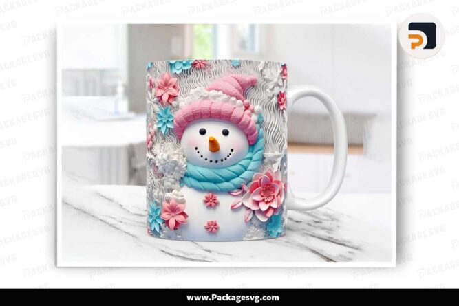 3D Floral Snowman Sublimation PNG, 11oz 15oz Mug Wrap LM4A2J0N