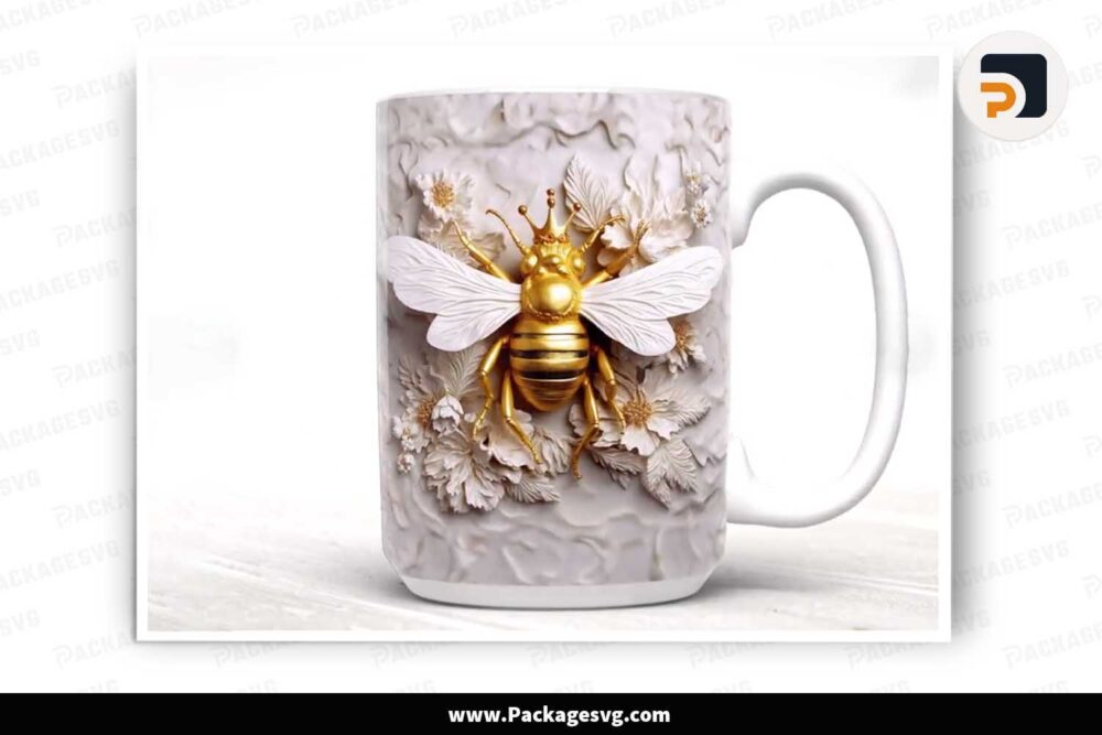 3D Gold Queen Bee Flowers PNG, 11oz 15oz Mug Wrap LMU1AG4Q