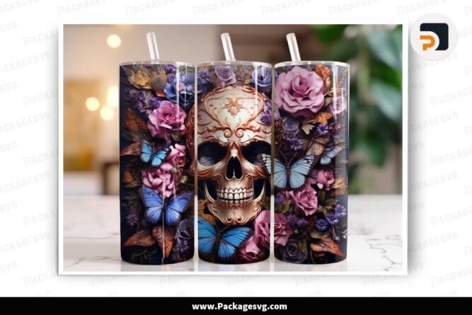 3D Skull Flowers Butterfly Tumbler, 20oz Tumbler Wrap PNG LN5G4UKK