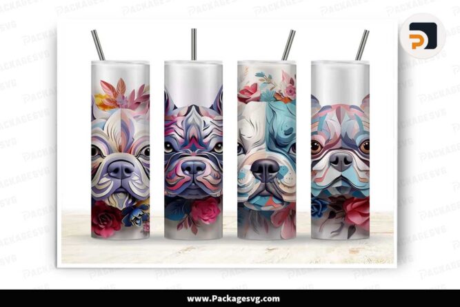 3d Floral French Bulldog PNG Bundle, 20 oz Tumbler Wrap LM60URVN