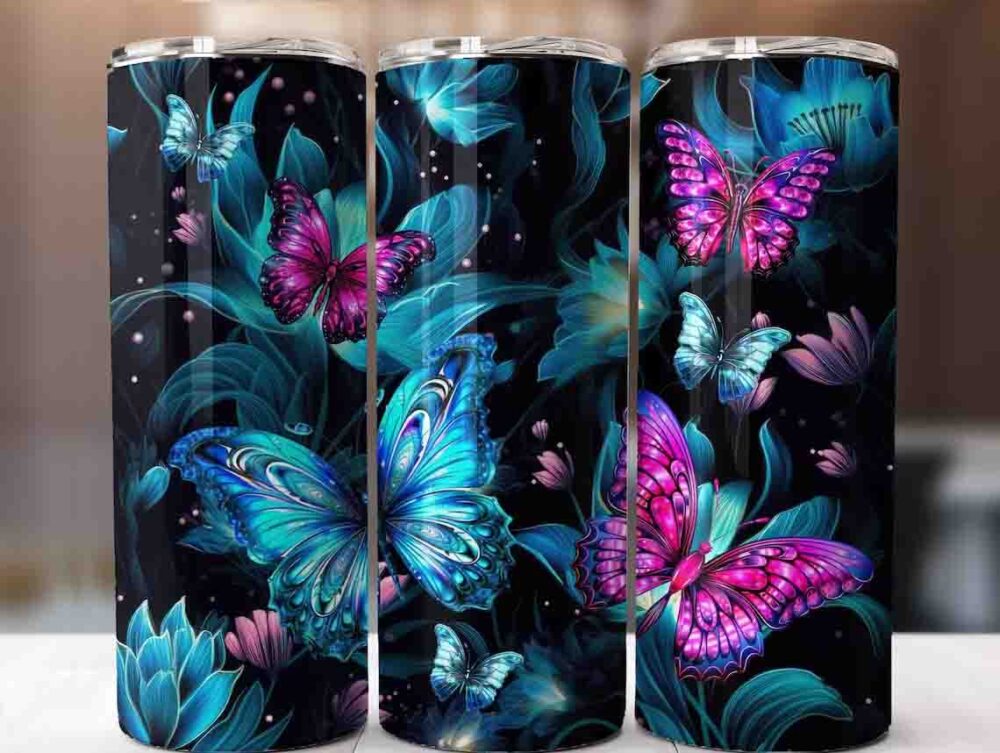 Blue and Pink Glowing Butterflies Tumbler, 20oz Tumbler Wrap PNG LN5HQ1WA