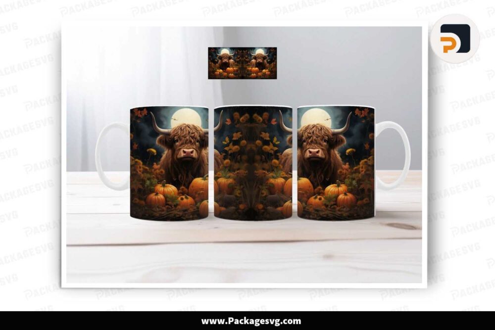 Autumn Highland Cow in Bucket Mug, 11oz 15oz Mug Wrap PNG LMZMFV3L