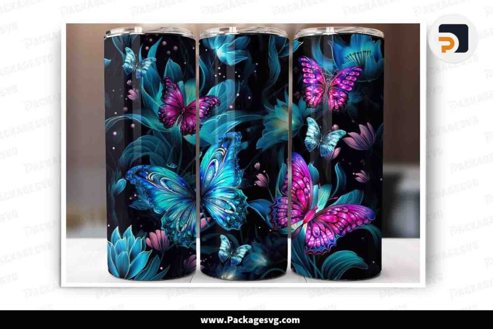 Blue and Pink Glowing Butterflies Tumbler, 20oz Tumbler Wrap PNG LN5HQ1WA