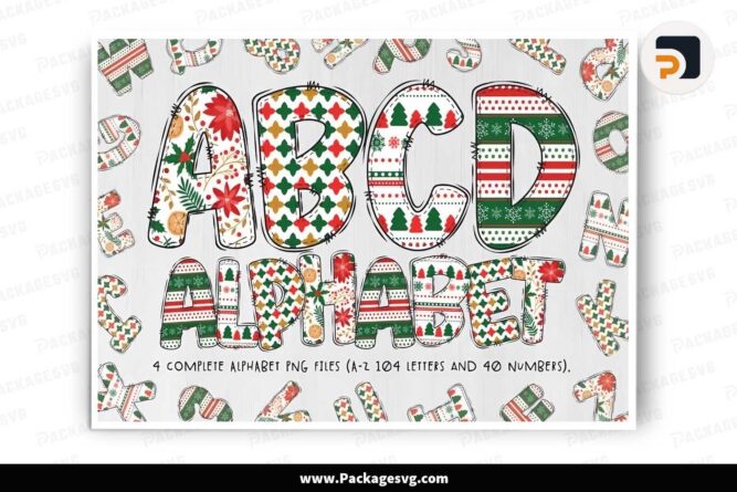 Christmas Doodle Alphabet Letters Bundle, 4 Set Cliparts Font PNG LN1GRS13