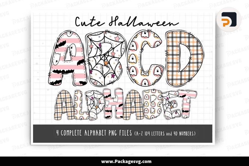 Cute Halloween Alphabet Letters Bundle, 4 Set Cliparts Font PNG LN1GGCIN