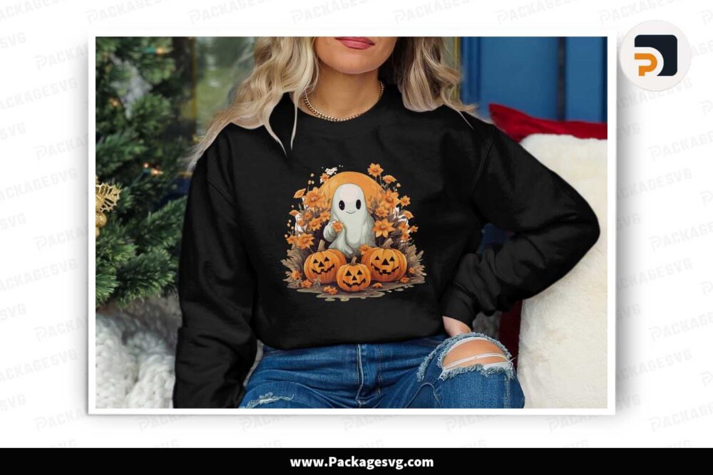 Floral Autumn Pumpkins Ghost PNG, Fall Sublimation Design LMHQDYVJ