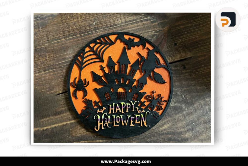 Happy Halloween Round Sign SVG, Haunted House SVG For Laser Cut LN14CH8Z