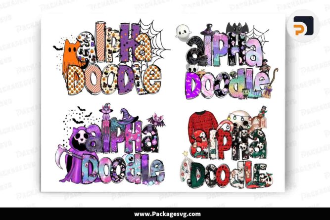 Pretty Halloween Doodle Alphabet Bundle, 4 Set Cliparts Font PNG LMRGFYFF