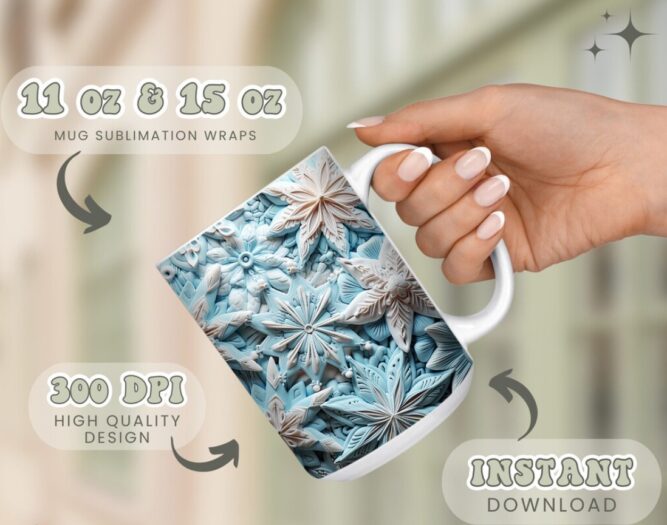 3D Snowflakes Sublimation PNG, 11oz 15oz Mug Wrap LMQ2XV62