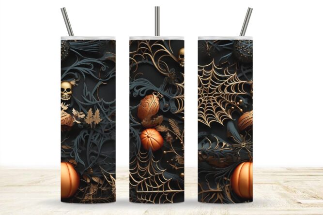 3D Black Halloween Pumpkin Spiderweb PNG, 20oz Tumbler Wrap LM72ZMGX