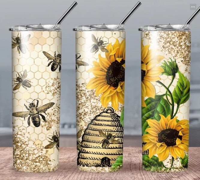 Vintage Sunflowers Bee Sublimation PNG, 20oz Tumbler Wrap LM63JSJ2