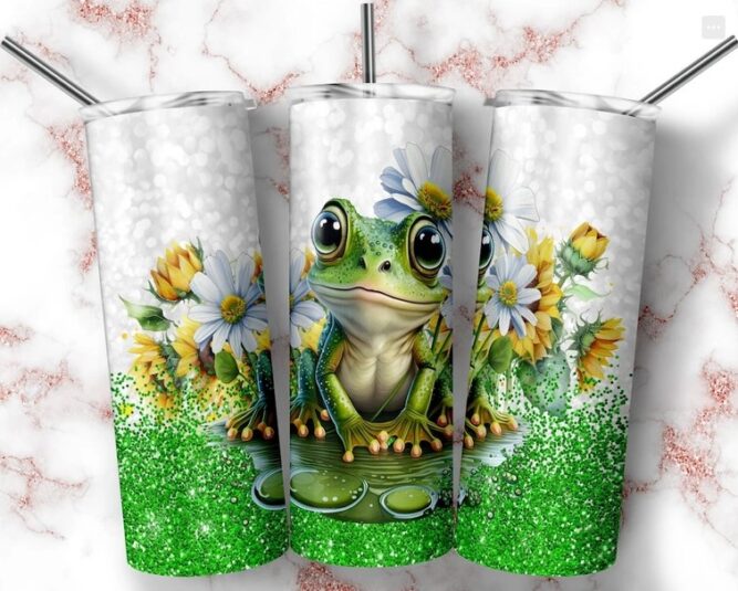 Frog Flowers Glitter Sublimation PNG, 20oz Tumbler Wrap LM640B39