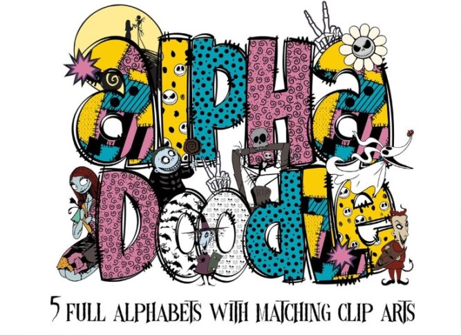 Nightmare Doodle Letters Alphabet Bundle, 5 Sets Halloween Cliparts Font PNG