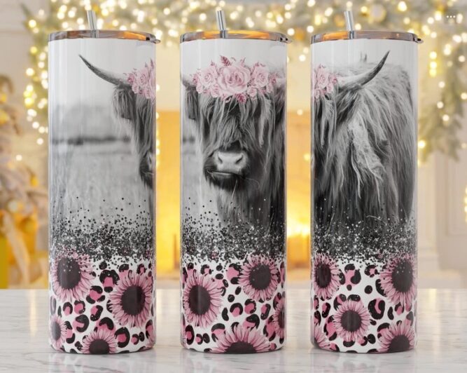 Highland Cow Sunflowers Sublimation PNG, 20oz Tumbler Wrap LMFO5CGA