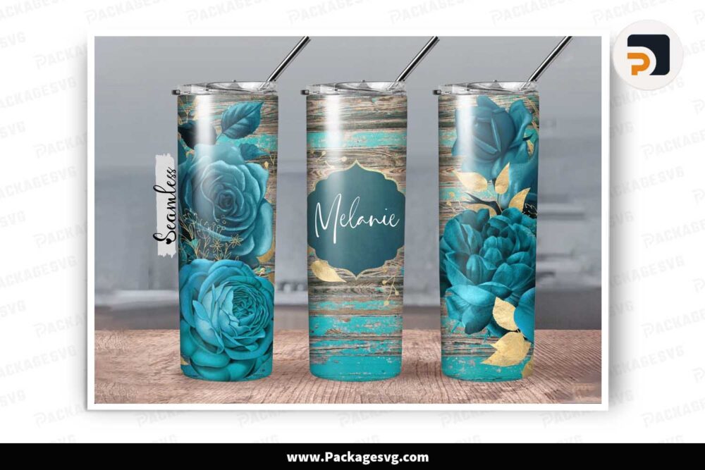 Teal Wood And Roses Sublimation PNG, 20oz Tumbler Wrap LM64JD2J