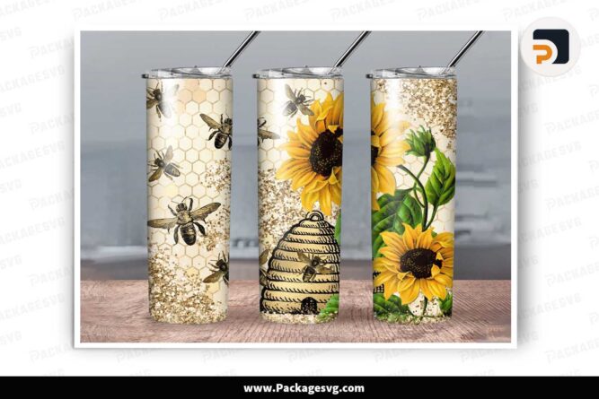 Vintage Sunflowers Bee Sublimation PNG, 20oz Tumbler Wrap LM63JSJ2