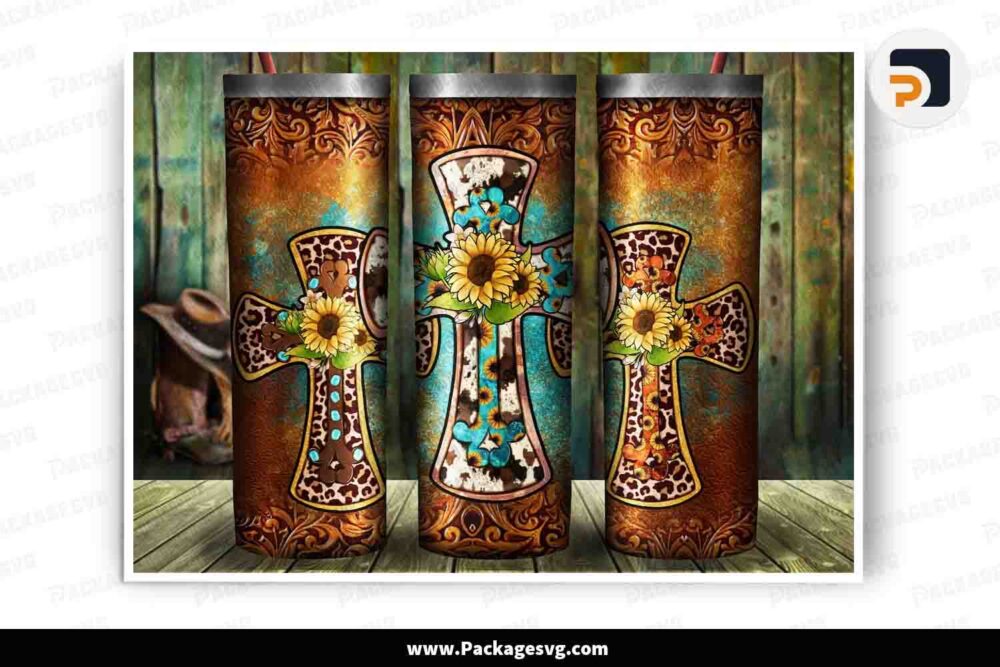 Western Cross 20oz Skinny Tumbler Design, Leopard Cross Tumbler PNG LMAA7NZ5