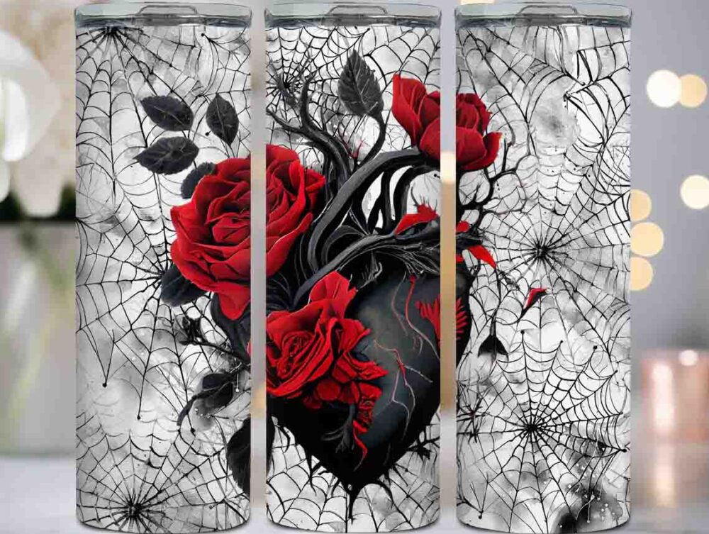 Vintage Gothic Heart With Roses Tumbler, 20oz Tumbler Wrap PNG LN5HV7W3