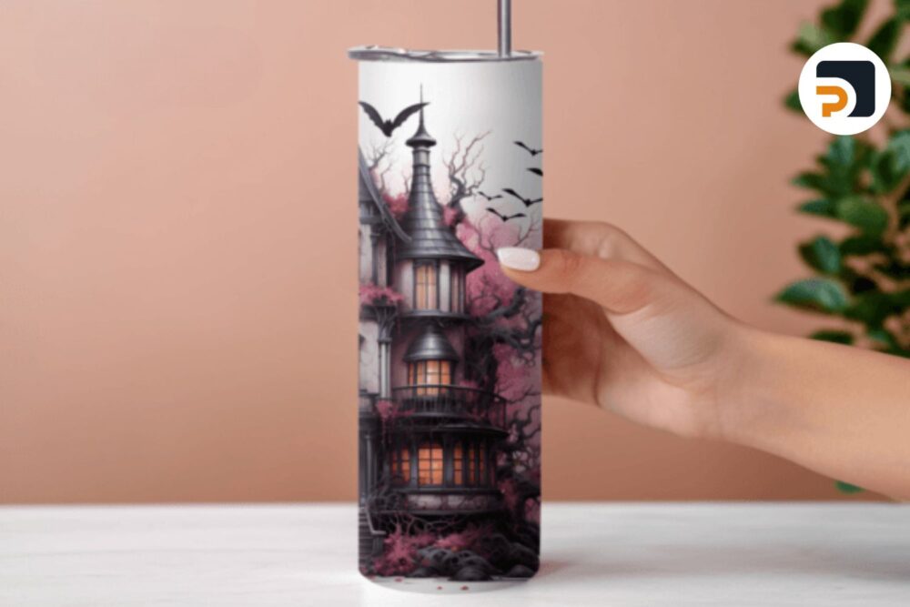 Pink Haunted House Tumbler Design, 20 Oz Tumbler Wrap PNG