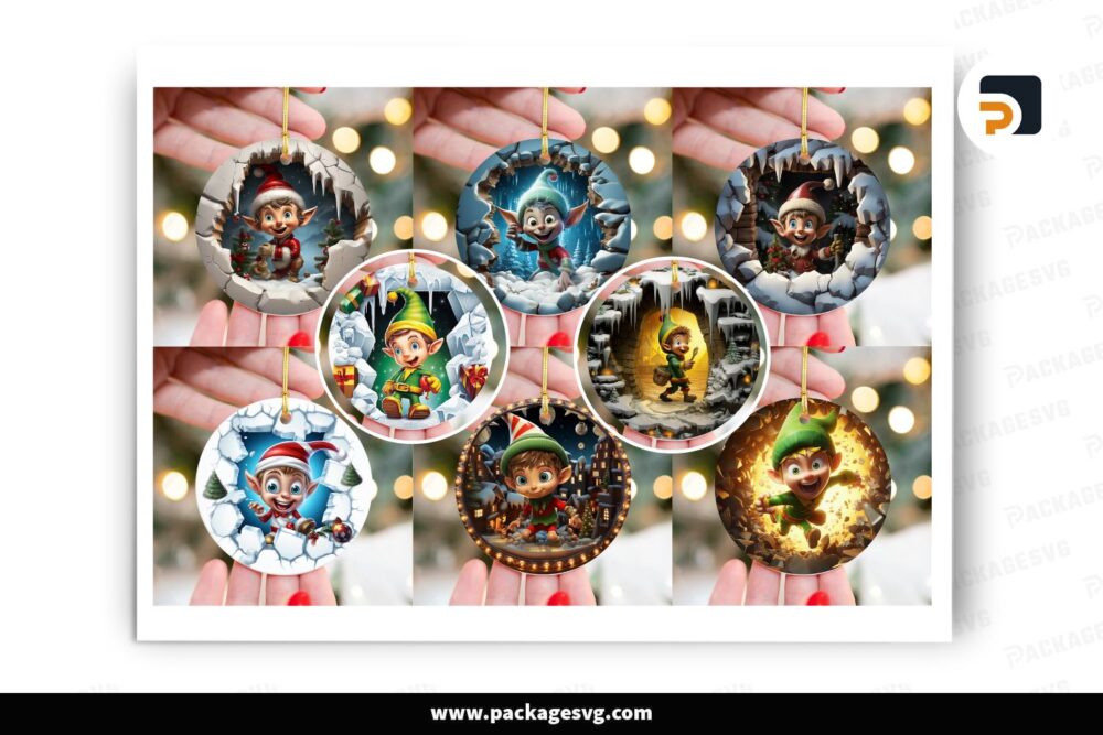 3D Christmas ELF Break Through Ornament Bundle, 12 Designs Sublimation LO3TDTXA