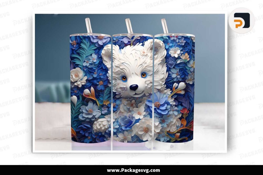 3D Floral Bear Sublimation Design, 20oz Tumbler Wrap PNG LN8M5BQY