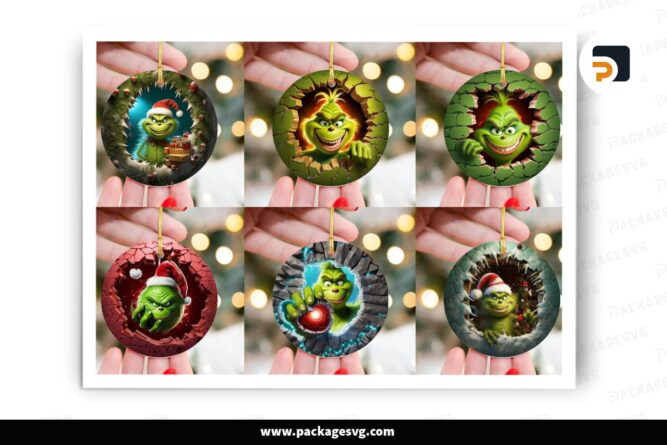 3D Grinch Break Through Ornament Bundle, 24 Designs Sublimation LNZHHZUG