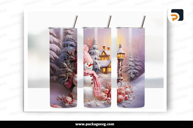 3D Pink Snowman Sublimation Design, 20oz Skinny Tumbler Wrap LNXZZKVG