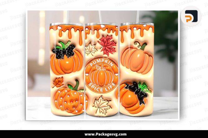 3D Pumpkin Inflated Tumbler Design, 20 oz Tumbler Wrap PNG LNB31K1U