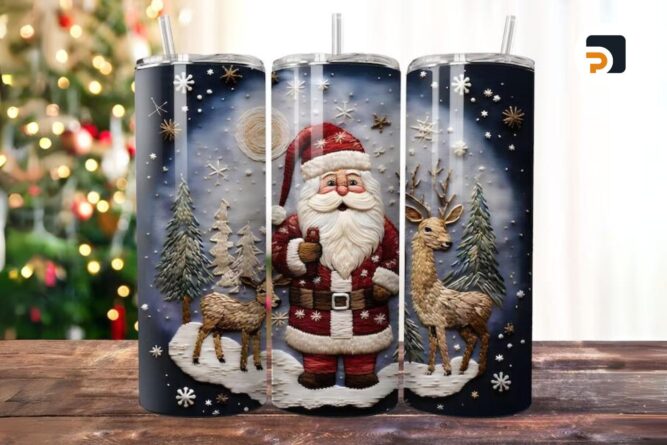 3D Santa With Deers Sublimation Design, 20oz Skinny Tumbler Wrap