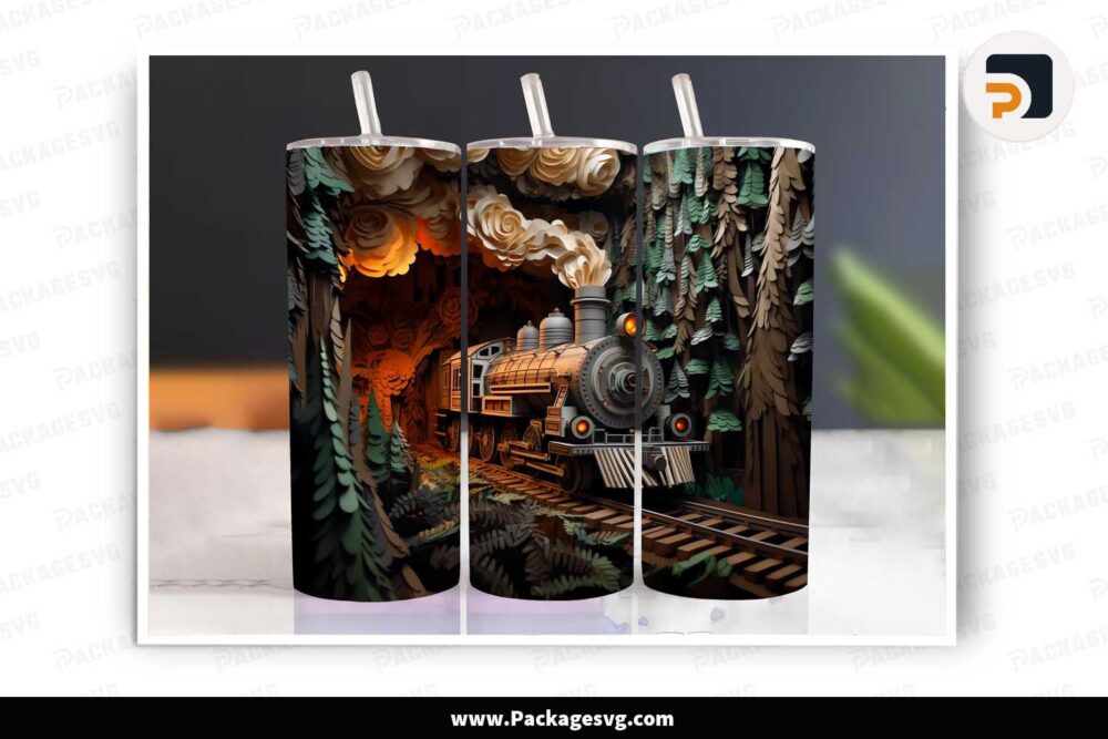 3D Train In The Forest Sublimation Design, 20oz Tumbler Wrap PNG LN8LPHPU