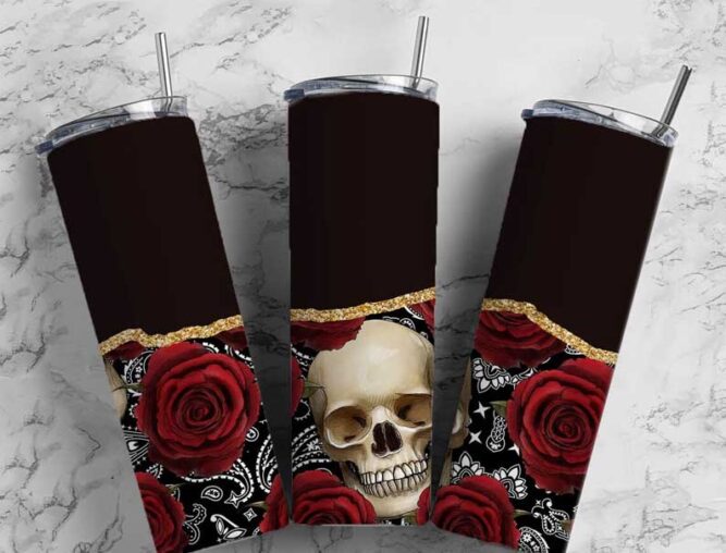 Skull and Rose Sublimation Design, 20oz Tumbler Wrap PNG LN8PWVX3