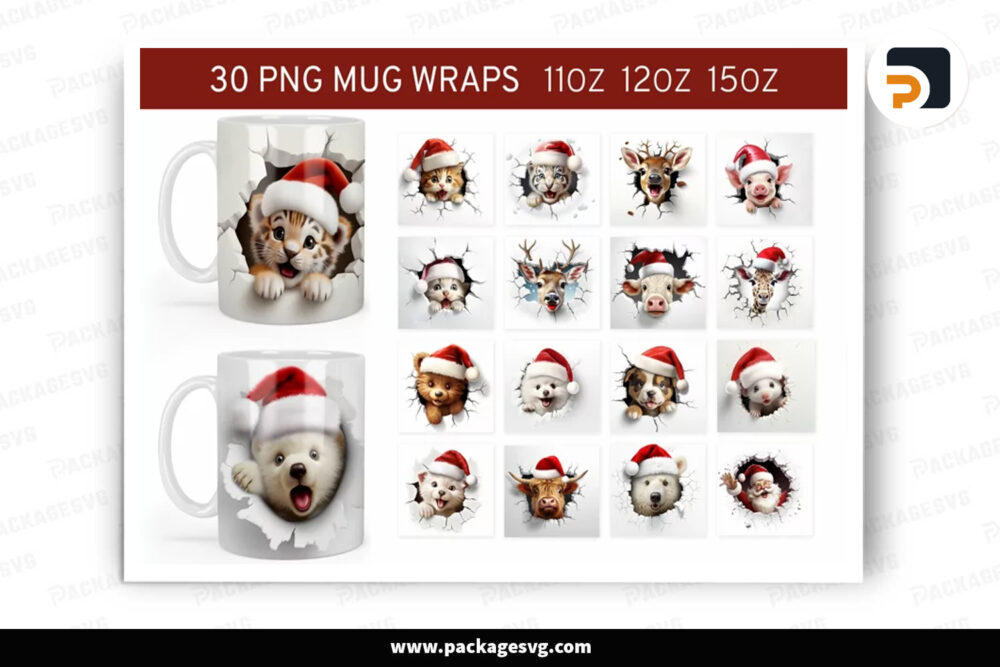 Animals Christmas Mug Bundle, 30 Designs 11oz 12oz 15oz Mug Wrap