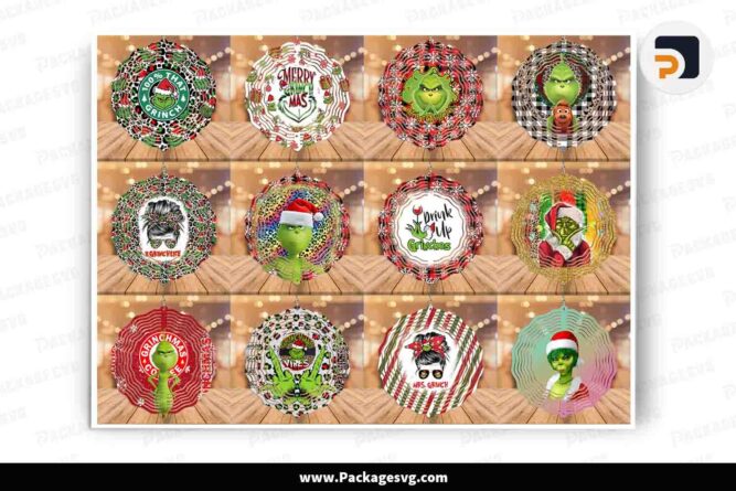 Christmas Grinch Wind Spinner Bundle, 16 Round Hanging Designs LNCVQZ73