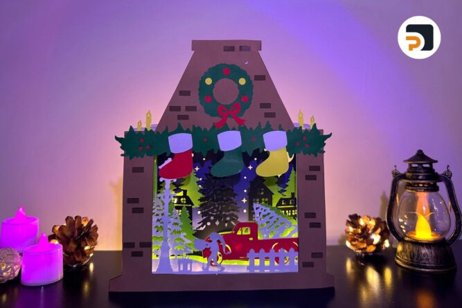 Christmas Night Light Box, Fireplace Lantern Paper Cut File