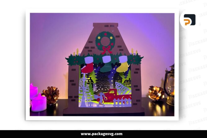 Christmas Night Light Box, Fireplace Lantern Paper Cut File