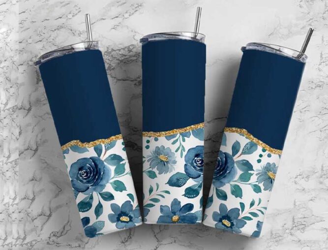 Navy Blue Flower Sublimation Design, 20oz Tumbler Wrap PNG LN8QBB1W