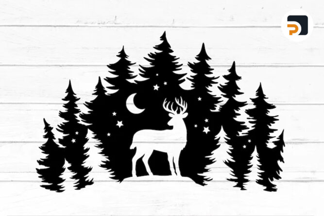 Deer In Pine Forest SVG, Deer Pine Cut File