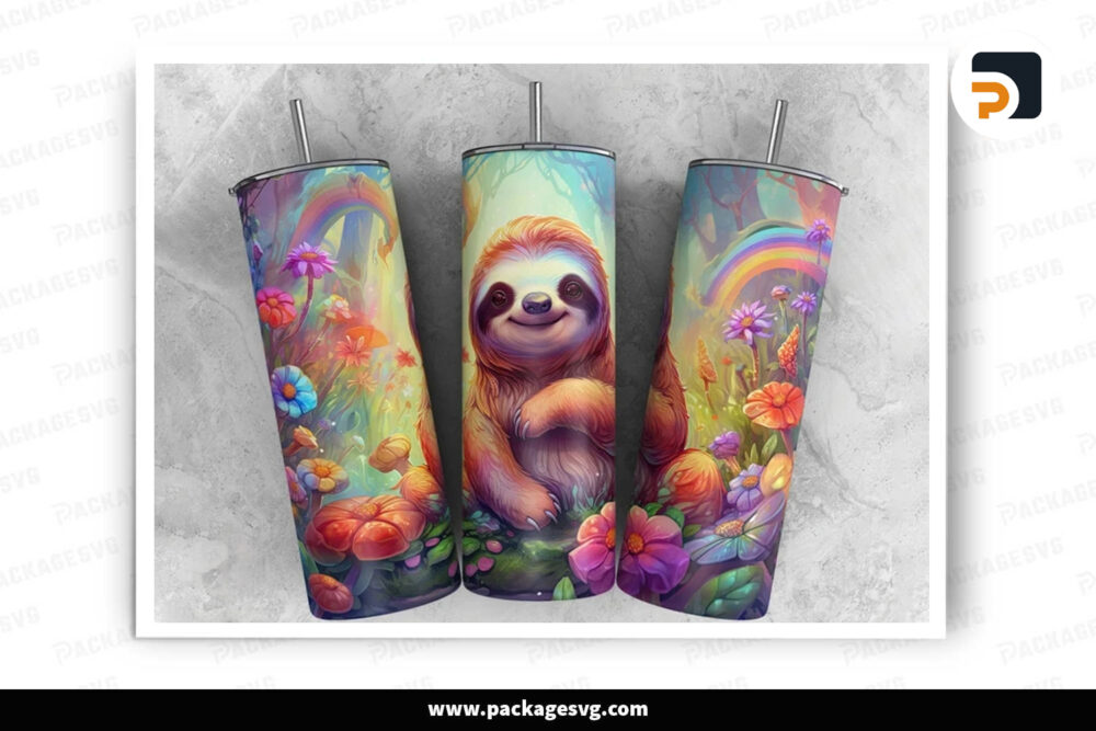 Floral Cute Sloth Sublimation Design, 20oz Skinny Tumbler Wrap LNZE65SL