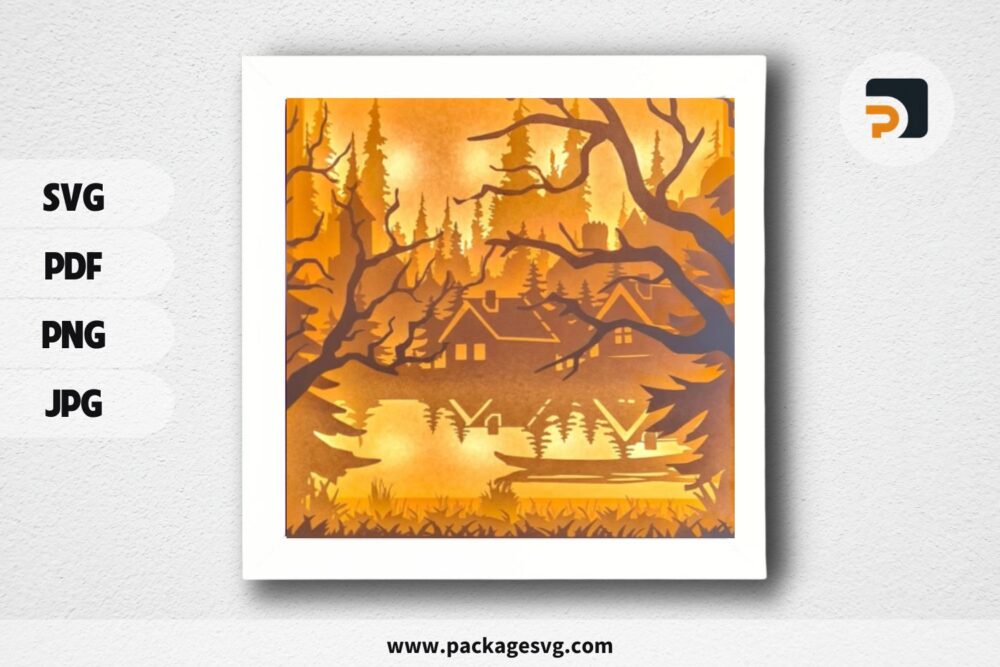 House Near The Lake Light Box, Nature SVG Paper Cut Files LNIM0U27